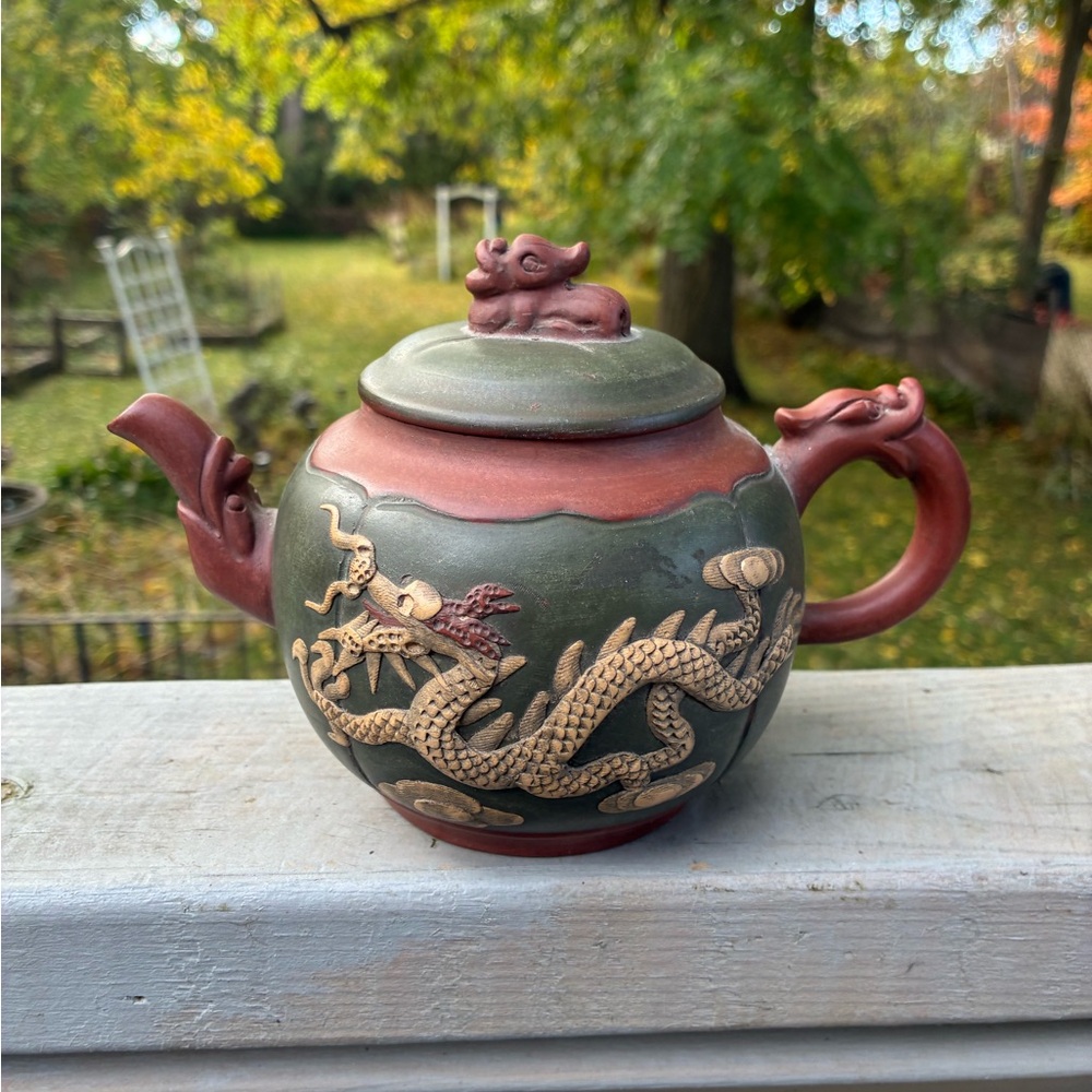 Chinese Dragon and Phoenix Clay Relief Yixing Teapot READ